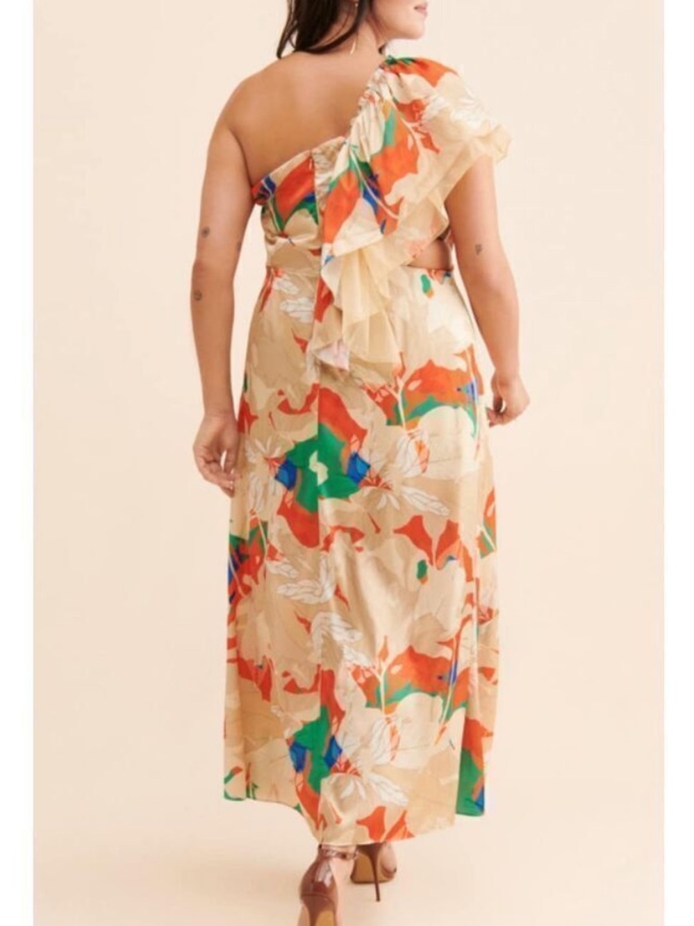 Mandira Wirk Anthropologie Ruffled One-Shoulder Floral Maxi Dress Gown Sz Medium - Picture 9 of 9
